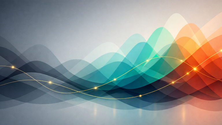 Abstract flowing waves transitioning from muted gray to vibrant teal and coral, representing amplification and emergence