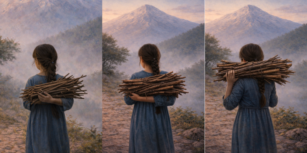 Three AI-generated images showing failed attempts to depict a girl carrying wood in her arms, with anatomically impossible results showing wood on her back instead.