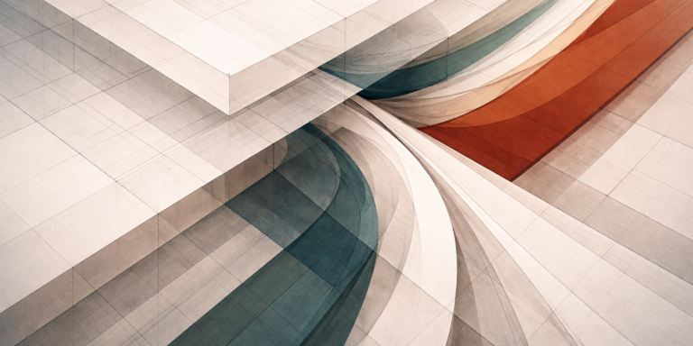 Abstract layered geometric forms with intersecting curved and straight planes in teal, coral, and beige tones, representing navigable pathways through complexity